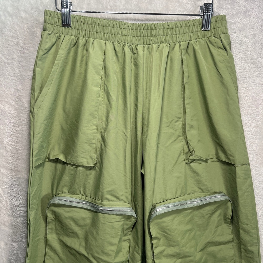 Nylon Pants Men L Olive Green Zip Pockets Wide Leg Gorpcore Techwear Blokecore - Picture 3 of 13
